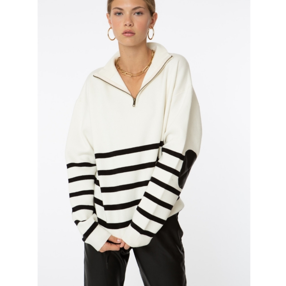 Ellandemm Women's Black and White Striped Sweater with leather elbow pads